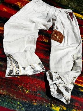 Reworked Linen Pants with Embroidered Cuff and Custom Embelishments